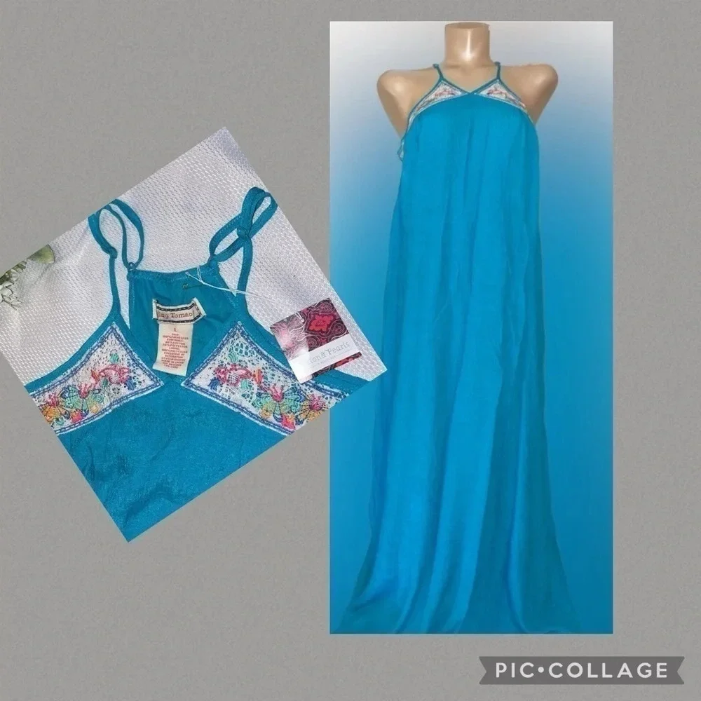 Flying tomato women’s dress maxi Large haute hippie boho blue embroider design
